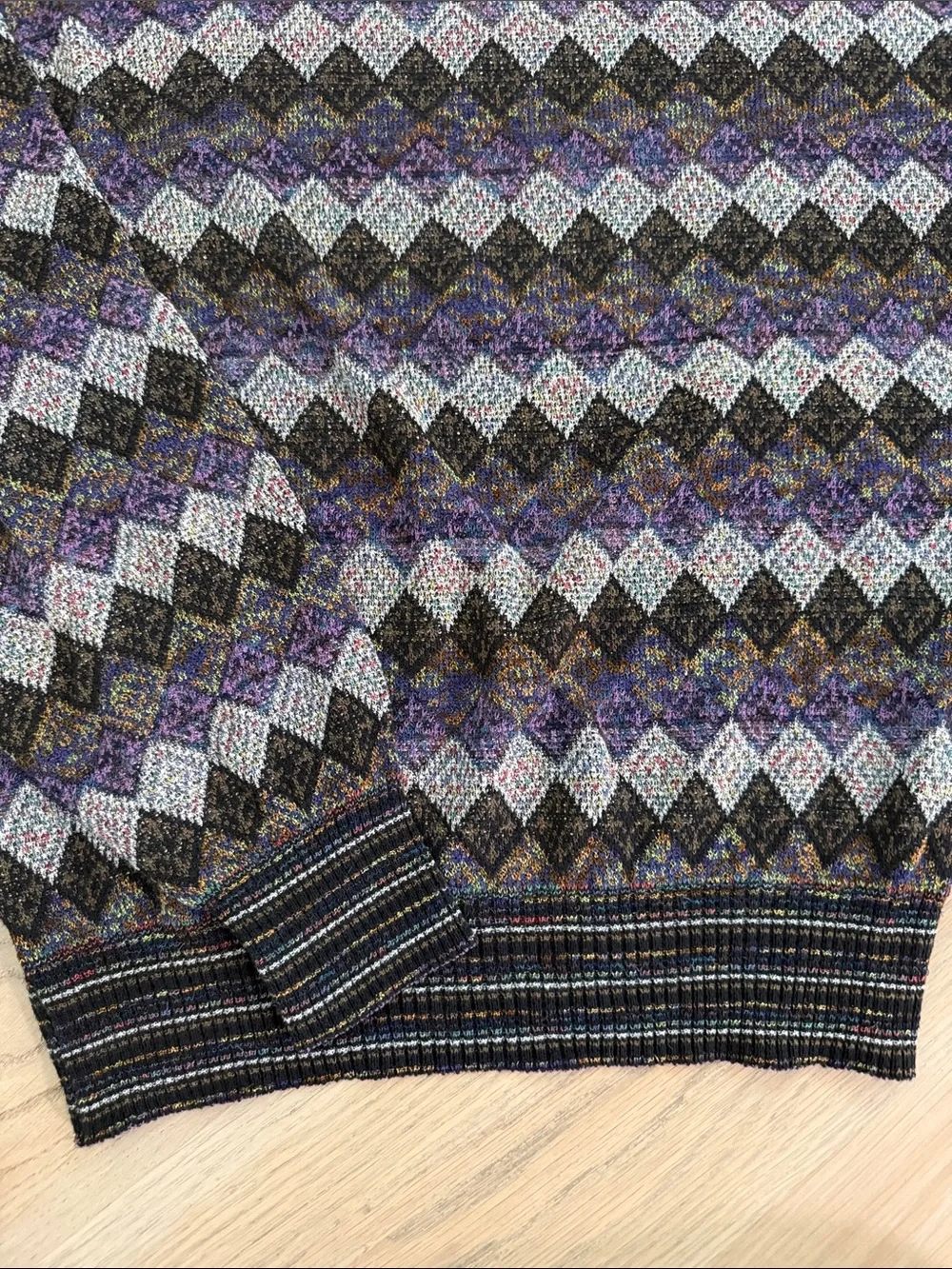 Vintage 90s Mondo di Marco Italy Geometric Diamond Knit Sweater Purple Blue